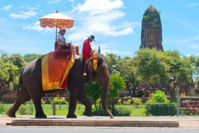 Pessoas realizando passeio em cima de um elefante na Tailândia